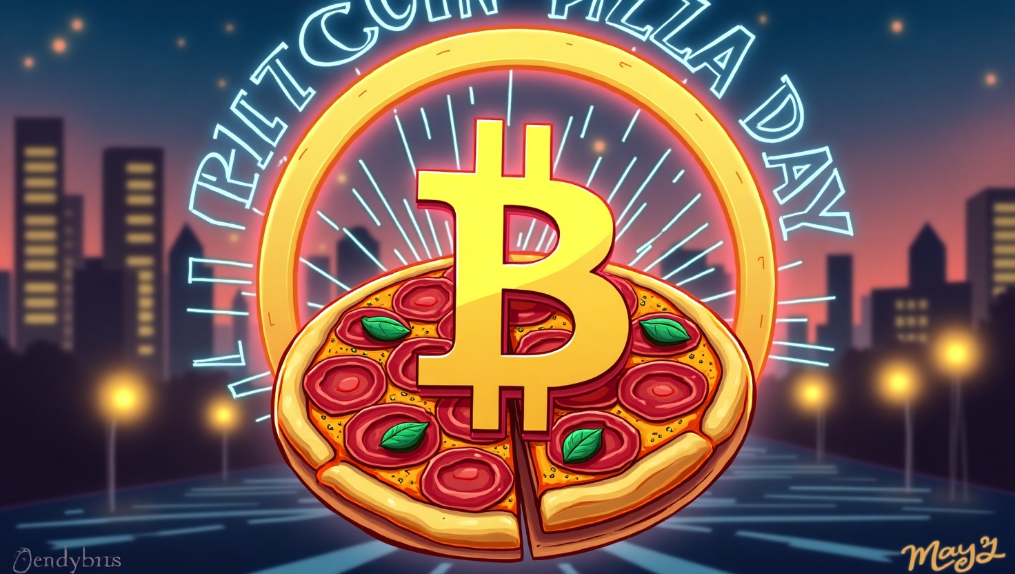 Representação simbólica do Bitcoin Pizza Day: a primeira compra com Bitcoin, trocando 10 mil BTC por duas pizzas.