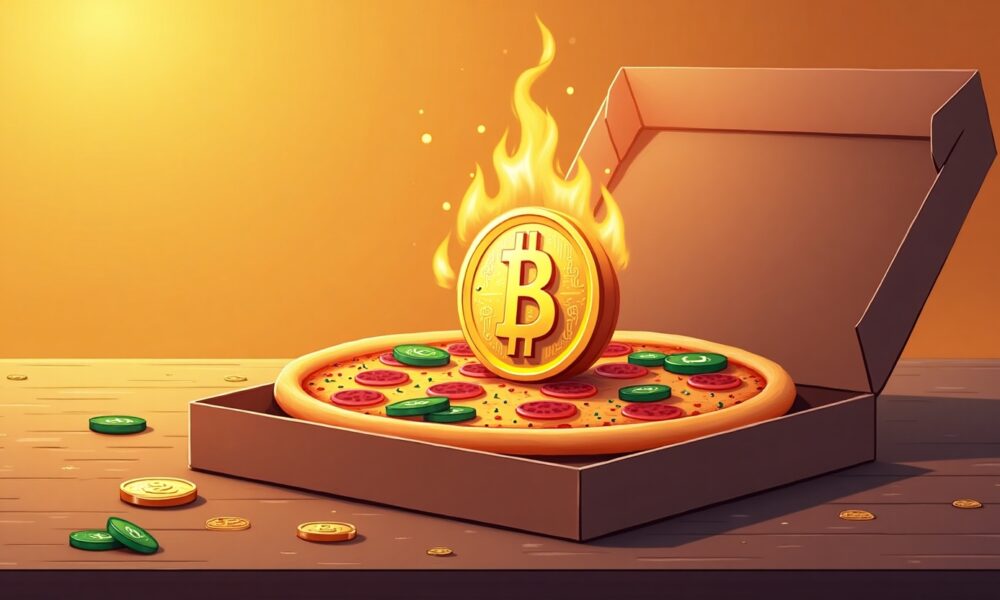 Representação simbólica do Bitcoin Pizza Day: a primeira compra com Bitcoin, trocando 10 mil BTC por duas pizzas.