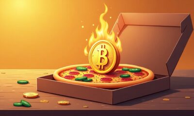 Representação simbólica do Bitcoin Pizza Day: a primeira compra com Bitcoin, trocando 10 mil BTC por duas pizzas.