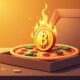 Representação simbólica do Bitcoin Pizza Day: a primeira compra com Bitcoin, trocando 10 mil BTC por duas pizzas.